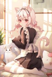 Rule 34 | 1girl, absurdres, ahoge, animal, animal ears, apron, bad id, bad pixiv id, black dress, blush, braid, breasts, cat, cat ears, cat girl, cat-shaped pillow, cat tail, commentary, couch, dress, eyes visible through hair, frilled apron, frilled dress, frills, from behind, full body, hair between eyes, hair ornament, hairclip, heart, heart ahoge, highres, huge filesize, hyeya, indoors, kneehighs, large breasts, long hair, long sleeves, looking at viewer, looking back, maid apron, maid headdress, no shoes, on couch, original, pink eyes, socks, solo, tail, tail raised, twin braids, twintails, white apron, white background, white socks, x hair ornament