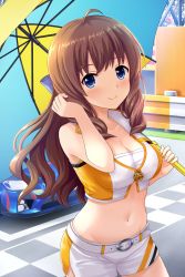 Rule 34 | 1girl, adjusting hair, ahoge, alternative girls, arimura shion, belt, blue bow, blue eyes, blush, bow, breasts, car, cleavage, cowboy shot, cropped jacket, day, drill hair, hair bow, highres, holding, holding umbrella, large breasts, light brown hair, long hair, looking at viewer, motor vehicle, navel, official art, outdoors, race queen, short shorts, shorts, smile, standing, umbrella, wavy hair, white shorts