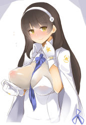 Rule 34 | 1girl, between breasts, black hair, blue necktie, blush, breasts, cape, closed mouth, clothes pull, girls&#039; frontline, gloves, hairband, impossible clothes, impossible shirt, inverted nipples, large breasts, long hair, looking at viewer, naik, necktie, necktie between breasts, nipples, see-through, shiny skin, shirt, shirt pull, smile, solo, star (symbol), type 95 (girls&#039; frontline), upper body, white background, white cape, white gloves, white hairband, yellow eyes