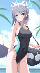 Rule 34 | 1girl, absurdres, animal ears, bare arms, bare legs, bare shoulders, black one-piece swimsuit, blue archive, blue eyes, blue halo, blurry, blurry background, breasts, closed mouth, cowboy shot, cross hair ornament, day, extra ears, grey hair, hair ornament, halo, highres, kenomotsu yukuwa, medium breasts, medium hair, official alternate costume, one-piece swimsuit, outdoors, shiroko (blue archive), shiroko (swimsuit) (blue archive), solo, swimsuit, wolf ears