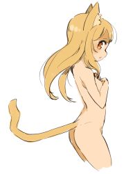 Rule 34 | 1girl, animal ears, ass, blonde hair, brown eyes, cat ears, cat tail, cropped legs, long hair, looking at viewer, mota, nude, original, simple background, solo, tail, white background