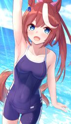 Rule 34 | 1girl, absurdres, animal ears, arm up, armpits, bare arms, bare shoulders, blue eyes, blue one-piece swimsuit, blue sky, brown hair, cloud, collarbone, commentary request, competition school swimsuit, cowboy shot, day, dutch angle, highres, horizon, horse ears, horse girl, long hair, looking at viewer, multicolored hair, mutenka (plfgb), ocean, one-piece swimsuit, open mouth, outdoors, outstretched arm, school swimsuit, sky, solo, standing, streaked hair, sunlight, swimsuit, tokai teio (umamusume), tracen swimsuit, two-tone hair, umamusume, water, white hair