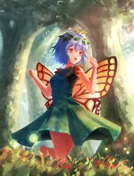 Rule 34 | 1girl, aletto-mikan, bare shoulders, blue hair, blush, breasts, bright background, bug, butterfly, butterfly wings, day, dress, eternity larva, flower, forest, grass, green dress, hair ornament, insect, insect wings, leaf, leaf hair ornament, nature, open mouth, red eyes, running, short hair, small breasts, smile, solo, sunlight, touhou, tree, wings