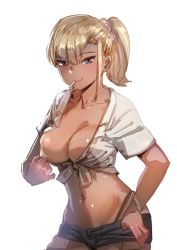 Rule 34 | 1girl, blonde hair, blush, bow (bhp), breasts, brown eyes, cigarette, closed mouth, cowboy shot, dark-skinned female, dark skin, hair ornament, hair scrunchie, highleg, highleg panties, large breasts, light areolae, looking at viewer, medium hair, midriff, mouth hold, navel, nipples, no bra, one breast out, original, panties, scrunchie, shirt, short sleeves, side ponytail, simple background, smile, solo, standing, tied shirt, underwear, undressing, white background, white shirt, wristband