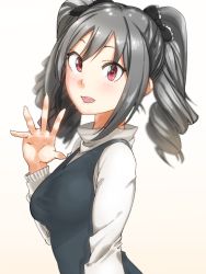 Rule 34 | 10s, 1girl, apple (artist), blush, bow, commentary, drill hair, gradient background, grey hair, hair bow, high collar, highres, idolmaster, idolmaster cinderella girls, kanzaki ranko, long sleeves, looking at viewer, open mouth, red eyes, sidelocks, smile, solo, sweater vest, twin drills