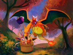 animal_focus basket blue_eyes blue_sky charizard claws creatures_(company) drifloon flame-tipped_tail flareon full_body game_freak gen_1_pokemon gen_4_pokemon gen_6_pokemon koriarredondo magikarp mouth_hold nintendo no_humans open_mouth outdoors pokemon pokemon_(creature) sky sylveon tree