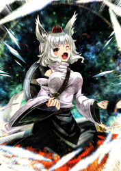 Rule 34 | 1girl, animal ears, bare shoulders, blush, breasts, bridal gauntlets, detached sleeves, fang, hat, inubashiri momiji, large breasts, one eye closed, open mouth, pom pom (clothes), red eyes, shield, short hair, silver hair, solo, sword, tail, tokin hat, touhou, umigarasu (kitsune1963), weapon, wolf ears, wolf tail