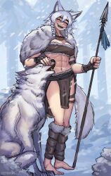 Rule 34 | 1girl, abs, animal ears, barefoot, braid, closed eyes, ezzydraws, fingerless gloves, gloves, hand wraps, highres, holding, holding polearm, holding weapon, loincloth, muscular, muscular female, original, petting, polearm, sharp teeth, signature, snowing, solo, spear, tail, teeth, toned, twin braids, weapon, winter, wolf, wolf ears, wolf girl, wolf tail