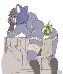 Rule 34 | 1girl, anal, anal object insertion, animal ears, anus, ass, bandaged leg, bandages, bent over, black footwear, black gloves, blue hair, boots, breast press, breasts, covering face, female focus, food, fox ears, fox tail, from behind, fruit, furry, furry female, gloves, green eyes, hand up, krystal, loincloth, looking at viewer, looking back, medium breasts, nintendo, object insertion, pussy, pussy peek, robotjoe, short hair, simple background, solo, source request, standing, star fox, tail, topless, uncensored, watermelon, white background