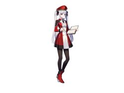 Rule 34 | 1girl, alpha transparency, blunt bangs, book, chloe starseeker, counter:side, hat, high heels, holding, holding book, holding pen, long hair, looking at viewer, necktie, official art, pantyhose, pen, red footwear, red hat, solo, transparent background, twintails, white hair