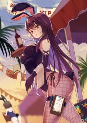 Rule 34 | 1girl, alternate costume, animal ears, ass, bare shoulders, blue sky, blush, bottle, breasts, brown hair, character request, clipboard, cloud, cowboy shot, cup, day, drinking glass, dutch angle, fake animal ears, fate/grand order, fate (series), fishnet pantyhose, fishnets, from side, gloves, hair between eyes, holding, holding tray, leotard, long hair, looking at viewer, looking to the side, medium breasts, outdoors, pantyhose, parted lips, pen, pennant, playboy bunny, purple eyes, purple gloves, purple hair, purple leotard, rabbit ears, scathach (fate), side-tie leotard, skindentation, sky, smile (mm-l), solo focus, string of flags, thigh strap, towel, tray, waitress, walking