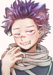 Rule 34 | 1boy, absurdres, animal ears, bandaid, bandaid on face, bandaid on nose, blush, bobobo (oi nanimitendayo), boku no hero academia, cat ears, commentary request, ear piercing, earrings, grin, hand up, highres, jewelry, looking at viewer, male focus, piercing, portrait, purple hair, scarf, shinsou hitoshi, simple background, smile, solo, spiked hair, teeth, upper body