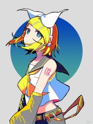 Rule 34 | 1girl, aqua eyes, arm warmers, bare shoulders, belt, blonde hair, blouse, bow, collar, commentary, crop top, expressionless, grey collar, grey shorts, grey sleeves, hair bow, hair ornament, hairclip, headphones, highres, kagamine rin, looking at viewer, machigami yoh, neckerchief, sailor collar, shirt, short hair, shorts, shoulder tattoo, sleeveless, sleeveless shirt, solo, swept bangs, tattoo, upper body, vocaloid, white bow, white shirt, yellow neckerchief