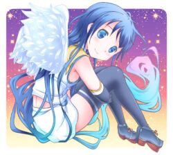 Rule 34 | 1girl, angel wings, black thighhighs, blue eyes, blue hair, commentary request, gradient background, hands under legs, kantai collection, long hair, samidare (kancolle), school uniform, serafuku, sitting, sleeveless, smile, solo, star (symbol), starry background, thighhighs, very long hair, wings, yamaneko suzume