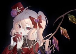 Rule 34 | 1girl, adapted costume, ahoge, alternate headwear, apple, black background, blonde hair, crystal, dark background, eating, fang, fingernails, flandre scarlet, flower, food, fruit, hair between eyes, hat, hat flower, head tilt, heart2833, highres, holding, holding food, holding fruit, long hair, long sleeves, looking at viewer, multicolored wings, nail polish, open mouth, red apple, red eyes, red hat, red nails, red shirt, sharp fingernails, shirt, simple background, solo, touhou, upper body, wings