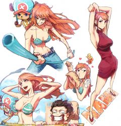 Rule 34 | 1girl, 2boys, absurdres, alternate costume, armpits, bikini, bikini top only, black hair, breasts, brown eyes, commentary, cowboy shot, dress, english commentary, floating hair, grin, hat, highres, holding, holding weapon, horns, large breasts, long hair, looking at viewer, looking to the side, medium breasts, monkey d. luffy, multiple boys, multiple views, nami (one piece), navel, one piece, orange hair, pants, parted lips, polearm, red dress, short hair, smile, standing, stephengiannart, swimsuit, tony tony chopper, water, weapon, wide hips, wind, wind lift