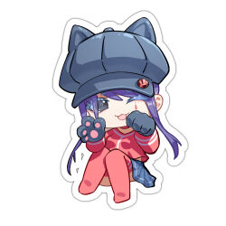 1girl animal_ear_headwear animal_hands baseball_cap black_eyes blue_hat blue_skirt chibi chibi_only commentary_request cool_mita_(miside) fake_animal_ears full_body gloves hat highres long_sleeves looking_at_viewer miniskirt miside no_shoes one_eye_closed open_mouth outline paw_gloves pink_sweater pleated_skirt purple_hair red_thighhighs reyalp simple_background skirt smile solo sweater thighhighs white_background white_outline