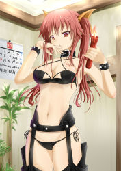 Rule 34 | 1girl, bare shoulders, bracelet, breasts, candle, cleavage, collar, cowboy shot, dominatrix, garter belt, garter straps, hair ribbon, hand to own mouth, highres, inu (mezonsidepark), jewelry, long hair, navel, original, panties, red eyes, red hair, ribbon, side-tie panties, solo, spiked bracelet, spikes, standing, thighhighs, tsurime, twintails, underwear