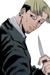 Rule 34 | 1boy, bithmath, black coat, blonde hair, chainsaw man, coat, collared shirt, ear piercing, facial hair, formal, highres, holding, holding knife, kishibe (chainsaw man), knife, looking to the side, male focus, piercing, shirt, short hair, simple background, solo, stubble, suit, undercut, white background, white shirt