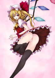 Rule 34 | 1girl, ass, asymmetrical hair, bad id, bad pixiv id, black thighhighs, blonde hair, censored, fangs, feet, female focus, flandre scarlet, hat, highres, legs, looking at viewer, looking back, nail polish, no panties, pointless censoring, pointy ears, ponytail, pussy, red eyes, red nails, ribbon, running, short hair, side ponytail, smile, solo, thighhighs, touhou, uncensored, utakata (kochou no yume), wings, wrist ribbon