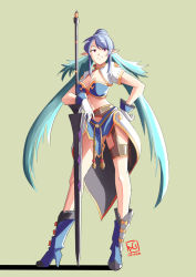 Rule 34 | 1girl, aqua hair, automatic giraffe, boots, breasts, contrapposto, dated, green background, high heel boots, high heels, judith (tales), large breasts, looking at viewer, midriff, polearm, red eyes, shrug (clothing), smile, solo, tales of (series), tales of vesperia, thighs, weapon