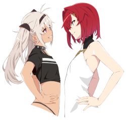 Rule 34 | 2girls, akitetsu, ange katrina, ange katrina (1st costume), antenna hair, bare shoulders, black collar, blue eyes, collar, commentary, commentary request, crop top, cropped torso, dark-skinned female, dark skin, eye contact, flat chest, grey hair, grin, hair between eyes, hair intakes, hair ornament, hairband, hairclip, hands on own hips, long hair, looking at another, matsukai mao, multiple girls, nijisanji, panty straps, profile, purple eyes, red hair, shirt, short hair, skindentation, sleeveless, sleeveless shirt, smile, spiked collar, spikes, symbol-only commentary, t-shirt, teeth, transparent background, twintails, upper body, virtual youtuber