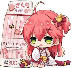 Rule 34 | 1girl, ahoge, aoi tsukikage, bell, cherry blossom print, chibi, detached sleeves, floral print, green eyes, hair bell, hair ornament, hairclip, hololive, long hair, open mouth, pink hair, price tag, sakura miko, sakura miko (1st costume), solo, virtual youtuber, white background, x hair ornament