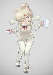 Rule 34 | 10s, 1girl, absurdres, alpaca ears, alpaca suri (kemono friends), animal ears, boots, commentary request, cup, extra ears, full body, fur-trimmed boots, fur-trimmed shirt, fur collar, fur trim, gluteal fold, grey background, grey eyes, hair over one eye, highres, horizontal pupils, kemono friends, leaning forward, looking at viewer, pantyhose, ponkichi (hazama senkonmeiraku), shirt, short hair, short shorts, shorts, simple background, smile, solo, tea, teacup, teapot, thigh gap, white hair, white pantyhose