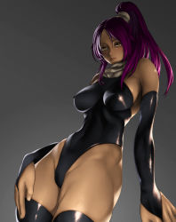 Rule 34 | 1girl, black thighhighs, bleach, blush, breasts, covered erect nipples, dark-skinned female, dark skin, elbow gloves, fingerless gloves, foreshortening, gloves, gradient background, highleg, highleg leotard, highres, hip focus, impossible clothes, impossible shirt, kazakami yuu, large breasts, leotard, lips, long hair, ponytail, purple hair, scarf, shihouin yoruichi, shirt, simple background, skin tight, solo, thighhighs, yellow eyes