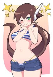 Rule 34 | 1girl, absurdres, aile (mega man zx), bikini, blue shorts, blush, breasts, brown hair, buzzlyears, capcom, double v, female focus, green eyes, hand on own chin, highleg, highleg bikini, highres, long hair, looking at viewer, medium breasts, mega man (series), mega man zx, mega man zx advent, navel, one eye closed, open clothes, open shorts, ponytail, robot ears, short shorts, shorts, simple background, smile, solo, sparkle, striped bikini, striped clothes, swimsuit, v, very long hair