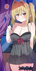 Rule 34 | 1girl, absurdres, bare shoulders, black dress, blonde hair, blush, breasts, cleavage, crystal wings, daru (kumakumadon), dress, embarrassed, flandre scarlet, heart, highres, large breasts, looking at viewer, pointy ears, shiny skin, smile, solo, speech bubble, spoken heart, strap pull, thighs, touhou