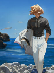 Rule 34 | 1boy, bird, black shirt, blonde hair, buttons, chinese commentary, closed eyes, closed mouth, commentary request, dated commentary, feet out of frame, hand in pocket, higekiri (touken ranbu), holding, holding clothes, holding jacket, horizon, jacket, male focus, ocean, outdoors, pants, rock, seagull, shirt, shirt tucked in, short hair, solo, touken ranbu, water, white jacket, white pants, zi tsas