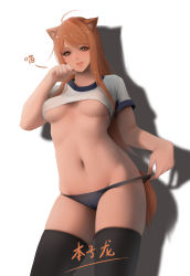 Rule 34 | 1girl, animal ears, black thighhighs, blue buruma, breasts, brown eyes, brown hair, buruma, buruma pull, cat ears, cat tail, clothes pull, crop top, gym uniform, highres, lips, long hair, looking at viewer, medium breasts, navel, original, parted lips, paw pose, solo, standing, tail, thighhighs, underboob, white background, zyl