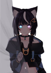 Rule 34 | 1girl, animal ear fluff, animal ears, artist name, bare shoulders, black hair, black jacket, blue eyes, breasts, cleavage, collarbone, copyright request, crop top, cropped jacket, curtain grab, curtains, drawstring, hand up, heterochromia, highres, jacket, lawnielle, long hair, long sleeves, looking at viewer, navel, open clothes, open jacket, purple eyes, simple background, small breasts, solo, transparent, upper body, virtual youtuber, white background, wide sleeves