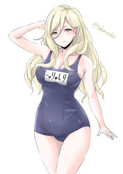 Rule 34 | 1girl, blonde hair, blue eyes, blue one-piece swimsuit, breasts, cowboy shot, hair between eyes, highres, kantai collection, large breasts, long hair, looking at viewer, mole, mole under eye, mole under mouth, name tag, old school swimsuit, one-piece swimsuit, richelieu (kancolle), school swimsuit, simple background, solo, swimsuit, takomeshi, twitter username, white background