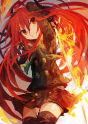 Rule 34 | 1girl, absurdres, arms up, black skirt, black thighhighs, buttons, hair between eyes, highres, holding, holding sword, holding weapon, jewelry, kaamin (mariarose753), long hair, long sleeves, open mouth, pendant, red eyes, red hair, shakugan no shana, shana, skirt, solo, sword, thighhighs, weapon