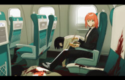 Rule 34 | 1girl, bento, bikoyamax, black coat, black pants, blood, blood on face, blood splatter, chainsaw man, chair, chopsticks, coat, corpse, eating, highres, holding, holding chopsticks, letterboxed, looking at viewer, looking to the side, on chair, orange hair, pants, people, ringed eyes, shirt, sitting, smile, solo focus, train interior, white shirt