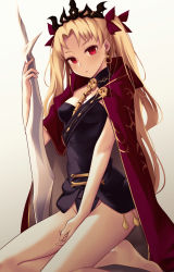 Rule 34 | 1girl, :o, bare legs, barefoot, between breasts, blonde hair, blush, breasts, cape, covered erect nipples, earrings, ereshkigal (fate), fate/grand order, fate (series), gradient background, grey background, groin, hair ribbon, holding, holding weapon, jewelry, kneeling, long hair, looking at viewer, md5 mismatch, no panties, parted bangs, parted lips, polearm, red cape, red eyes, resolution mismatch, revision, ribbon, skull, small breasts, solo, source larger, spear, tiara, tohsaka rin, two side up, very long hair, weapon, white background, zen33n