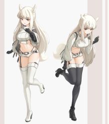 Rule 34 | 1girl, 2girls, absurdres, animal ears, arknights, black footwear, black gloves, black thighhighs, boots, commentary request, crop top, cropped jacket, dori (9720xyz), dual persona, garter straps, gloves, grey eyes, high heel boots, high heels, highres, horse ears, jacket, long hair, long sleeves, looking at viewer, micro shorts, midriff, multiple girls, navel, open mouth, platinum (arknights), shorts, standing, standing on one leg, stomach, tail, thigh boots, thighhighs, very long hair, white background, white footwear, white hair, white jacket, white shorts, white thighhighs, wide sleeves