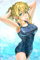 Rule 34 | 1girl, adjusting hair, armpits, arms up, bad id, bad pixiv id, blonde hair, breasts, covered navel, elf, garutaisa, green eyes, large breasts, looking at viewer, marginal operation, mouth hold, one-piece swimsuit, pointy ears, school swimsuit, sidelocks, solo, sophie (marginal operation), swimsuit