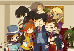 Rule 34 | ace attorney, apollo justice, ascot, athena cykes, black hair, black legwear, blonde hair, blue eyes, blue hat, blue necktie, brown eyes, brown hair, cape, closed eyes, cropped jacket, dark skin, earrings, feathers, formal, glasses, gloves, grin, hair between eyes, hair ribbon, hat, jacket, jacket on shoulders, jewelry, kamikaze0211, klavier gavin, long hair, magician, miles edgeworth, miniskirt, multicolored hair, multiple boys, multiple girls, necklace, necktie, open mouth, orange hair, pantyhose, partially fingerless gloves, phoenix wright, phoenix wright: ace attorney - dual destinies, ponytail, red necktie, ribbon, robot, scarf, short hair, side ponytail, simon blackquill, single earring, single glove, skirt, smile, suit, tears, top hat, trucy wright, two-tone hair, vest, white hair, yellow jacket, yellow skirt