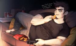 Rule 34 | 1boy, absurdres, adam (hazbin hotel), alternate body size, bags under eyes, bara, belly, black sleeves, chips (food), controller, couch, eating, english text, facial hair, fat, fat man, food, foreshortening, full body, goatee, hazbin hotel, highres, joystick, looking ahead, male focus, nifast (greentail), on couch, pants, potato chips, raglan sleeves, screen light, sideburns stubble, solo, sparse arm hair, stubble, thick eyebrows, three quarter view, track pants, yellow eyes