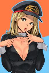 Rule 34 | 10s, 1girl, archvermin, blonde hair, bodysuit, boku no hero academia, breasts, center opening, cleavage, clothes pull, collarbone, finger to mouth, grey eyes, hat, highres, looking at viewer, medium breasts, medium hair, no bra, o3o, open bodysuit, open clothes, peaked cap, shirt pull, solo, upper body, utsushimi kemii