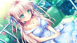 Rule 34 | 1girl, ahoge, blue dress, blue eyes, blue ribbon, blush, breasts, cleavage, closed mouth, collarbone, dress, dutch angle, flora halford, flower, game cg, hair between eyes, hair intakes, hair ribbon, jewelry, large breasts, long dress, long hair, mikeou, necklace, off-shoulder dress, off shoulder, princess sisters, ribbon, rose, sitting, solo, sunlight, twintails, very long hair, white flower, white hair, white rose