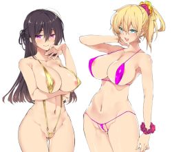 Rule 34 | 2girls, black hair, blonde hair, blue eyes, blush, breasts, character request, collarbone, commentary request, copyright request, cowboy shot, covered erect nipples, gluteal fold, hair between eyes, large breasts, long hair, looking at viewer, multiple girls, navel, open mouth, ponytail, purple eyes, simple background, standing, swimsuit, takanae kyourin, teeth, tongue, white background