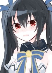 Rule 34 | bare shoulders, black hair, breasts, cleavage, collar, dress, embarrassed, flustered, highres, long hair, medium breasts, neptune (series), nervous, noire (neptunia), open mouth, rairai vortext, red eyes, ribbon, tsundere, twintails