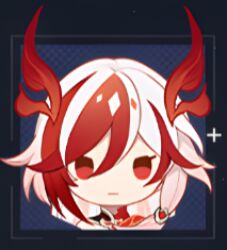 Rule 34 | 1girl, bare shoulders, chibi, chinese clothes, detached sleeves, eyeliner, fu hua, fu hua (garuda), hair between eyes, honkai (series), honkai impact 3rd, long hair, low twintails, lowres, makeup, multicolored hair, official art, red eyeliner, red eyes, red hair, red scales, resized, scales, solo, streaked hair, third-party source, twintails, two-tone hair, upscaled, very long hair, white hair