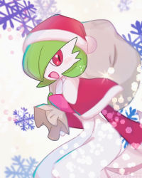 Rule 34 | 1girl, blush, bob cut, capelet, christmas, clothed pokemon, colored skin, creatures (company), female focus, from side, fur-trimmed capelet, fur-trimmed headwear, fur trim, game freak, gardevoir, gen 3 pokemon, green hair, green skin, hair over one eye, hand up, happy, hat, holding, holding sack, jpeg artifacts, leaning forward, looking at viewer, multicolored skin, nintendo, open mouth, pokemon, pokemon (creature), pom pom (clothes), red capelet, red eyes, red hat, red sleeves, ronen, sack, santa hat, short hair, smile, snowflake background, solo, standing, two-tone skin, white background, white skin