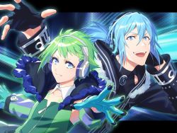Rule 34 | 1boy, 1girl, black gloves, black jacket, blue eyes, blue hair, commentary, crossover, detached sleeves, english commentary, fingerless gloves, gloves, green gloves, green hair, headphones, highres, hood, hooded jacket, idolish7, jacket, macross, macross delta, mixed-language commentary, mosako, open hand, parted lips, ponytail, reina prowler, short hair, smile, v-shaped eyebrows, yotsuba tamaki