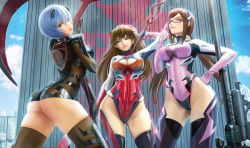 Rule 34 | 3girls, artist request, ass, ayanami rei, blue eyes, blue hair, blue sky, brown hair, cleavage cutout, clothing cutout, curvy, dress, finger to face, gun, hand on own hip, highleg, highleg leotard, highres, holding, holding weapon, interface headset, lance, leotard, lips, long hair, looking at viewer, low twintails, lying, makinami mari illustrious, md5 mismatch, miniskirt, multiple girls, neon genesis evangelion, official alternate costume, on back, on side, on stomach, pilot suit, pink leotard, polearm, rebuild of evangelion, red leotard, resolution mismatch, rifle, scythe, shiny clothes, short dress, short hair, skin tight, skirt, sky, smile, soles, source smaller, souryuu asuka langley, standing, thighs, twintails, two side up, weapon, wide hips